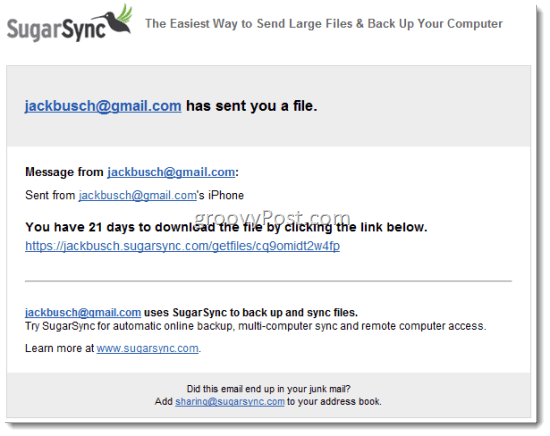 SugarSync Del filer via e-mail