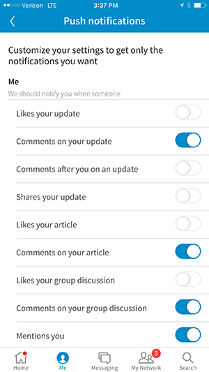 indstillinger for notifikationer iphone linkedin-app
