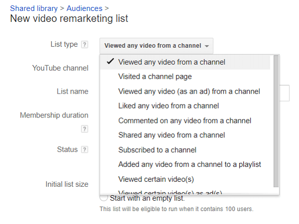 Du kan opdele dine lister over YouTube-seere til remarketing.