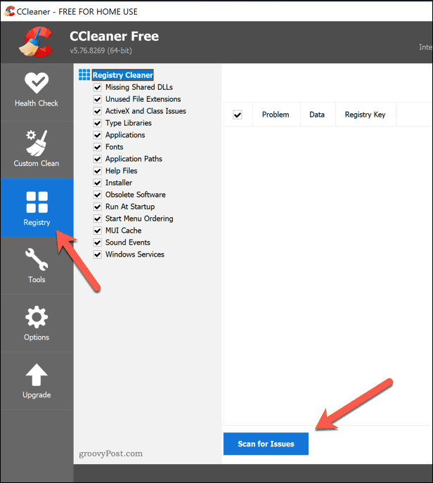 Scanning for ødelagte Windows-registreringselementer i CCleaner