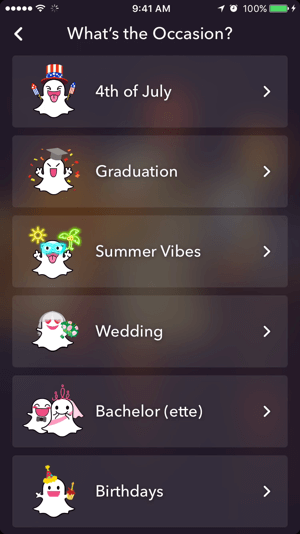 Vælg et tema til dit Snapchat geofilter.
