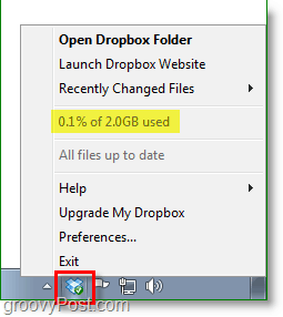 Dropbox-skærmbillede - ikonet for dropbox-systembakken ryger