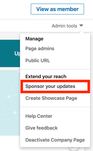Sådan oprettes LinkedIn-tekstannonce, trin 1, sponsor dine opdateringer under administratorværktøjer