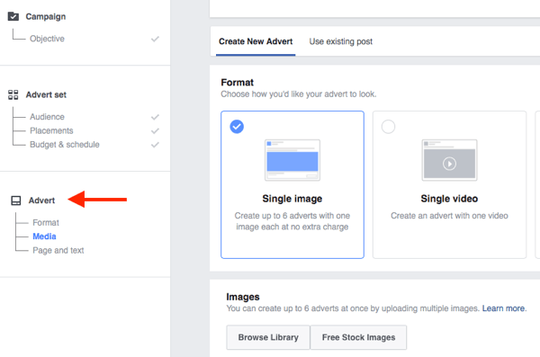 Det nederste niveau i Facebook-kampagnestrukturen er, hvor du vælger din annonceannonce.