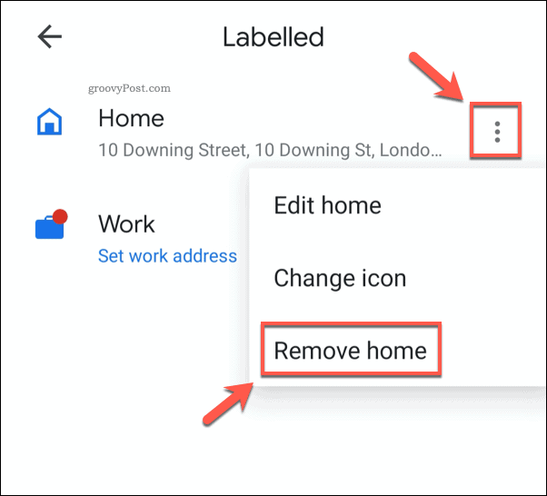 Fjernelse af en gemt hjemmeadresse i Google Maps-mobil