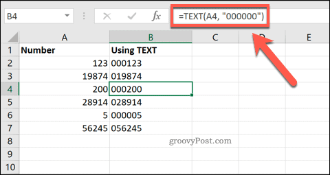 Brug af TEXT i Excel til at tilføje førende nuller