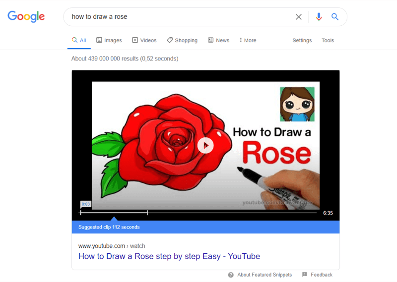 eksempel på top youtube-video i google-søgeresultater til 'hvordan man tegner en rose'