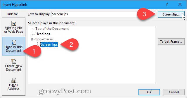 Klik på ScreenTip i dialogboksen Indsæt hyperlink i Word