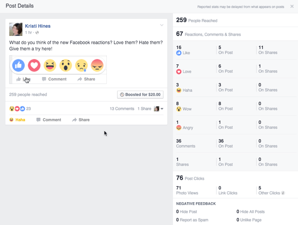 facebook reaktioner engagement fra post
