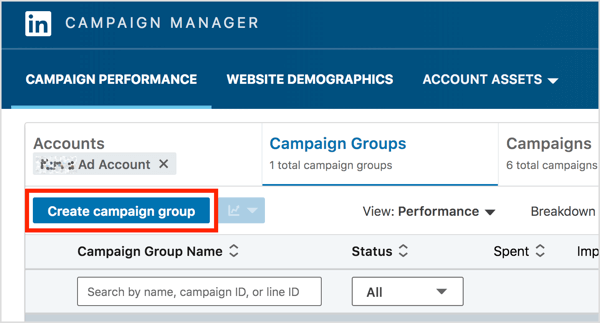 På fanen Kampagnegrupper i LinkedIn Campaign Manager skal du klikke på knappen Opret kampagnegruppe.