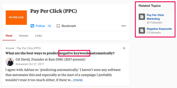 Eksempel på Quora-søgeresultat inklusive søgeudtrykket 'PPC' og sætningen 'negative søgeord'.