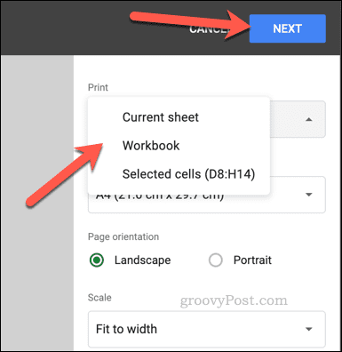 Vælg udskriftsområde i Google Sheets