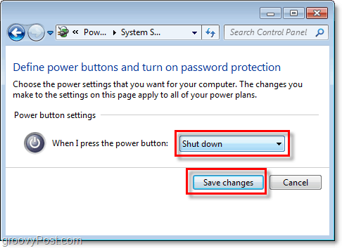 juster, hvad din Windows 7-lukningsknap vil gøre, klik på Gem ændringer for at afslutte