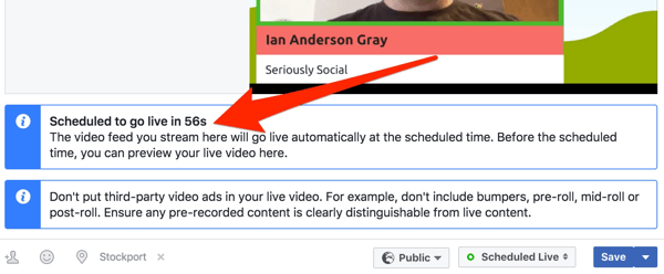 Facebook viser et nedtællingsur, inden din live-udsendelse begynder.