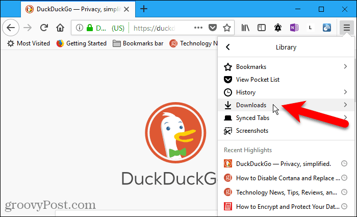 Vælg Downloads i biblioteksmenuen i Firefox