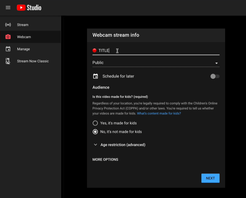 youtube studio gå live menu live-streaming dashboard med oplysninger om webcam stream info klar til at blive indstillet