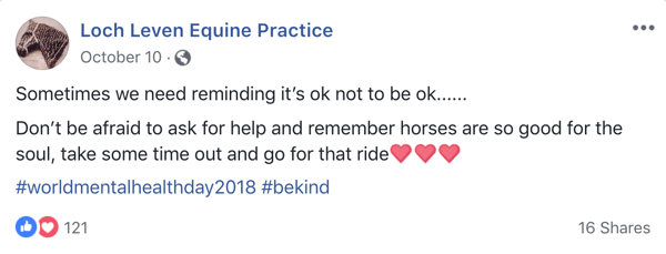 Eksempel på Facebook-indlæg med emoji fra Lock Leven Equine Practice.