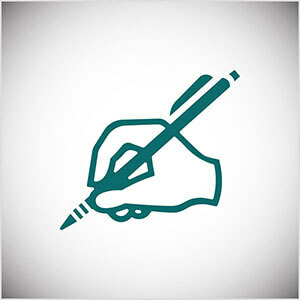 Dette er en blågrøn linje-illustration af en hånd, der skriver med en blyant. Seth Godin øver daglig skrivning på sin blog.