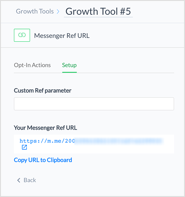 Molly Pittman siger, at ManyChat Messenger Ref URL Growth Tool giver dig et link, der leder nogen til din Messenger chatbot.