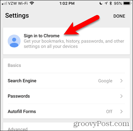 Tryk på Log ind på Chrome på iOS