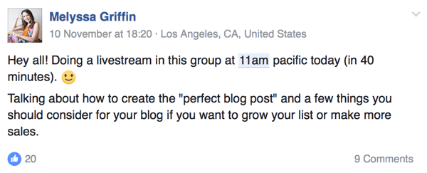 Iværksætter Melyssa Griffin fortæller sit publikum, hvornår hun er live på Facebook.