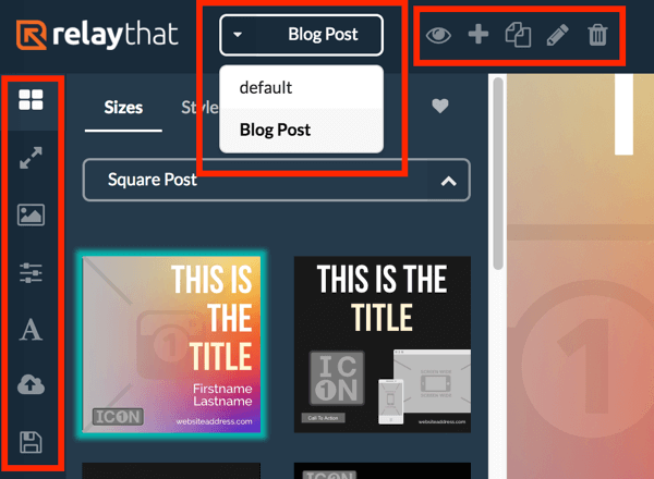 Brug menuen til venstre til at se forskellige layouts til dit RelayThat-projekt, og brug topmenuen til at vælge dit projekt.