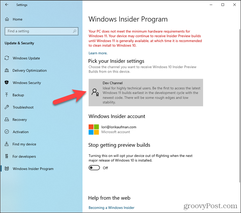 Udviklerkanal indstillet i Windows Insider-programindstillinger