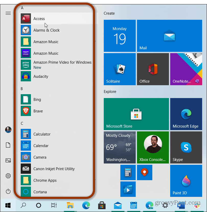 apps liste start menu windows 10