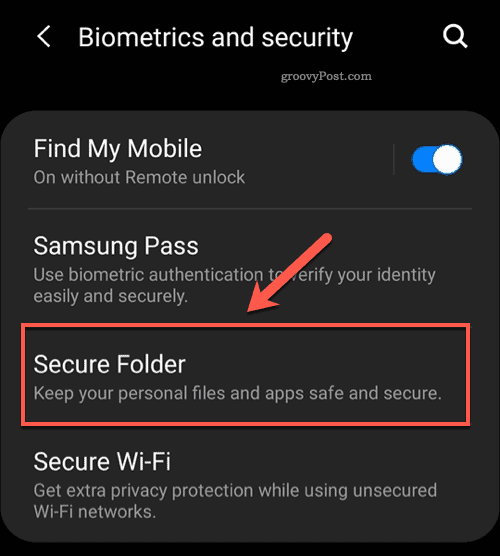Android Secure Folder menupunkt