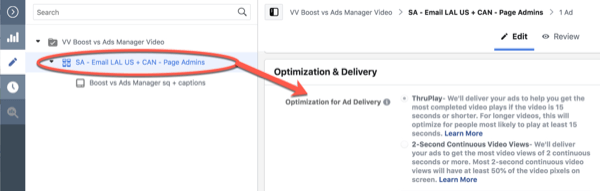 Facebook ThruPlay Optimization til redigering af kampagner i 10 sekunder, trin 3.