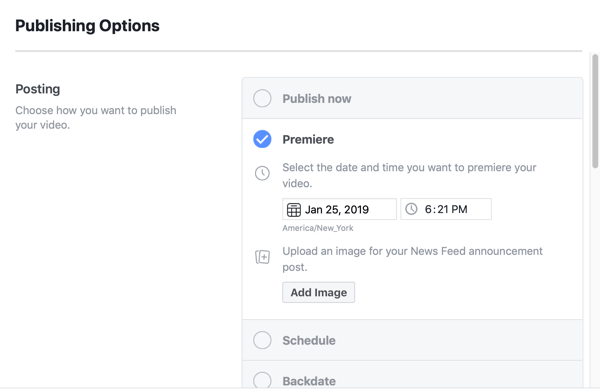 Sådan opsættes Facebook Premiere, trin 5, indstillinger for offentliggørelsesplanlægning