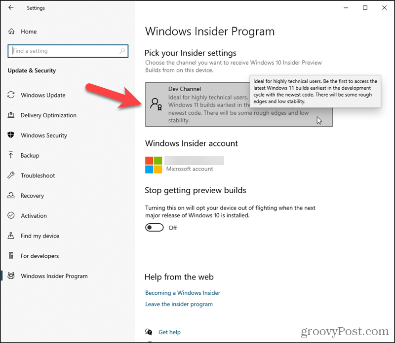 Klik på Dev Channel under Vælg dine Insider -indstillinger i Windows 10