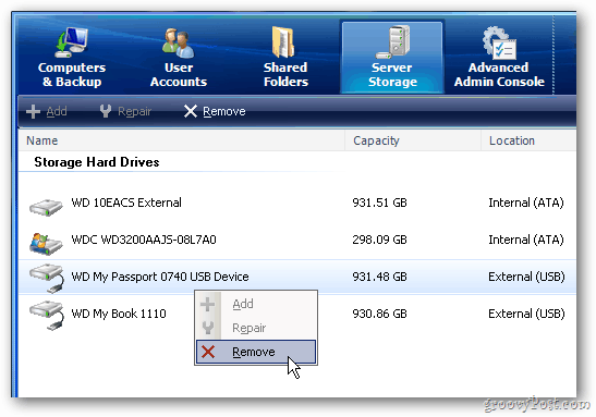 Windows Home Server: Sådan fjernes en ekstern harddisk