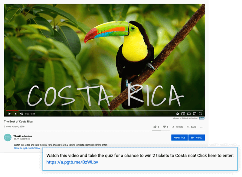 fremhævet youtube-videobeskrivelse med et tilbud om at se videoen og tage quizzen for at få en chance for at vinde 2 billet til Costa Rica
