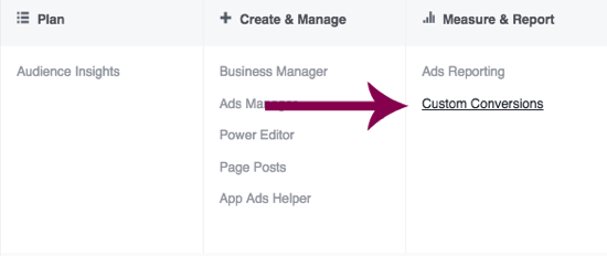 Naviger til brugerdefinerede konverteringer i Facebook Ads Manager.