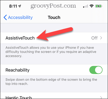 Tryk på AssistiveTouch i indstillingerne for iPhone-tilgængelighed