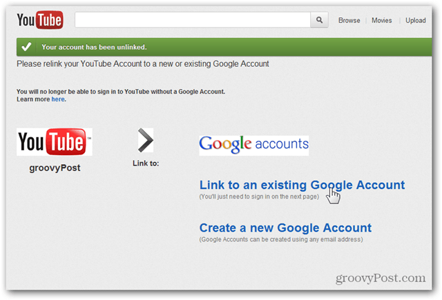 Knyt en YouTube-konto til en ny Google-konto - Klik på Link til en eksisterende konto