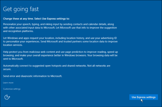 Express-indstillinger Windows 10