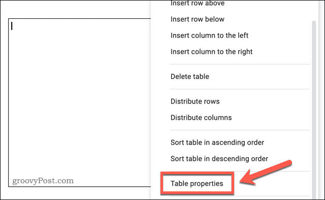 Adgang til menuen med tabelindstillinger i Google Docs