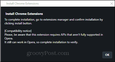 Bekræft installation af Opera Install Chrome Extension