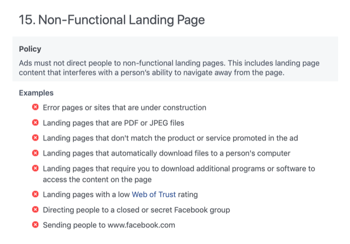 Ikke-funktionel destinationsside i Facebook-annonceringspolitikker