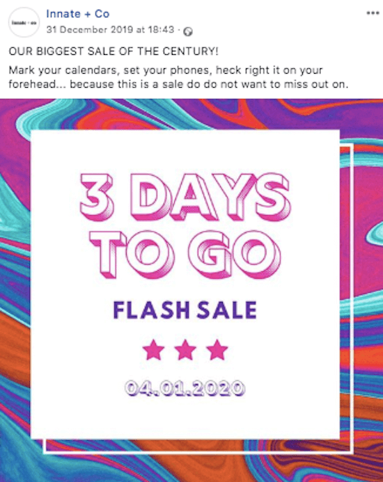 eksempel på Facebook-nedtællingspost til flash-salg