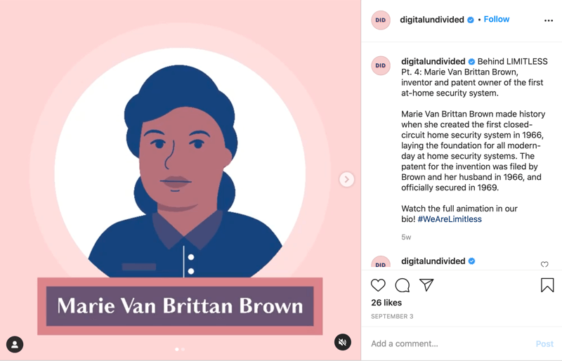 eksempel på et mp4-indlæg, der er delt med instagram, og fremhæver marie van brittan brown som pt. 4 i serien #wearelimitless