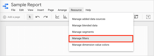For at filtrere data og oprette grupper, du kan bruge, skal du klikke på Ressource i menulinjen og vælge Administrer filtre i rullemenuen.