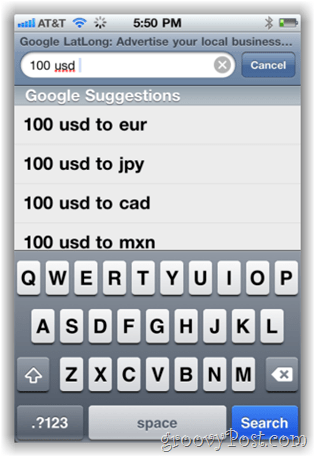Google.com valutakonverter på iPhone Mobile