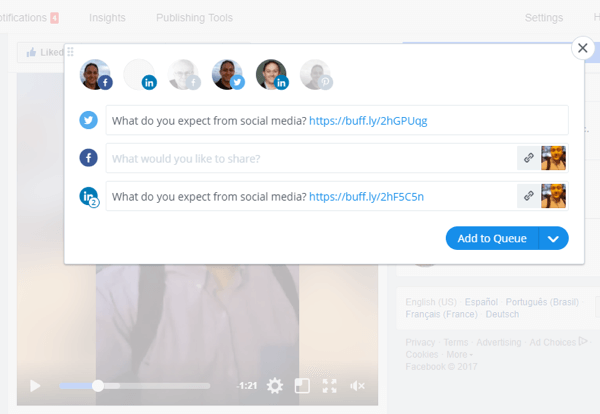 Værktøjer som Buffer kan hjælpe dig med at dele Facebook Live-video på flere sociale medieplatforme.