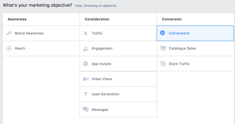 mulighed i facebook ads manager til at vælge konverteringer som et markedsføringsmål