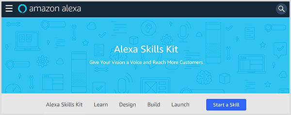 Webstedet Amazon Alexa Skills Kit introducerer værktøjet og indeholder faner, hvor du kan lære, designe, opbygge og starte en færdighed til Alexa. 