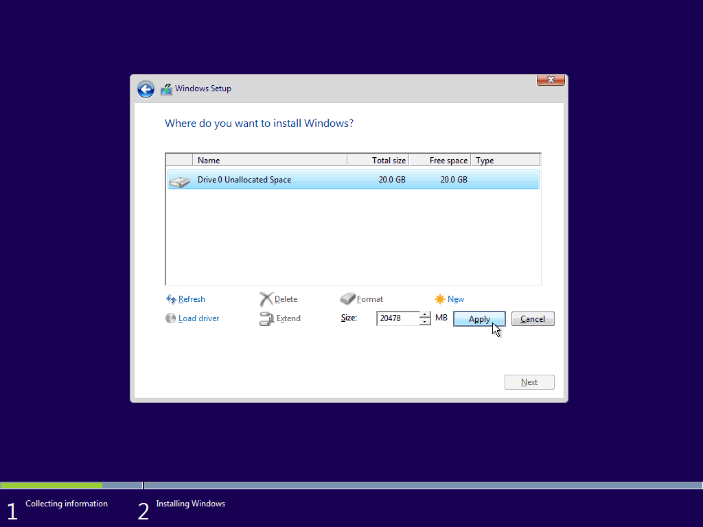 08 Brug den maksimale disponible plads Windows 10 Clean Install