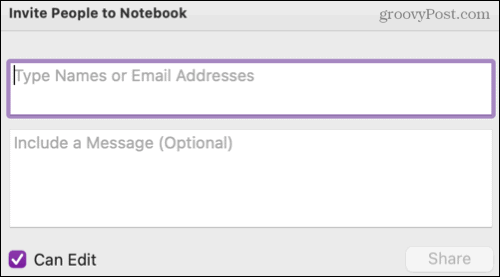 Del en notesbog i OneNote på Mac